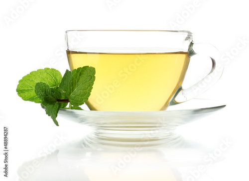 Cup of tea with mint isolated on white