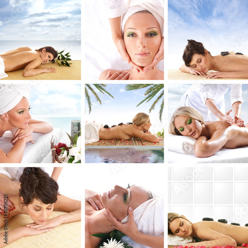 A collage of spa images with young women relaxing