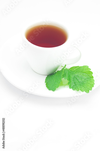 cup of tea and mint isolated on white