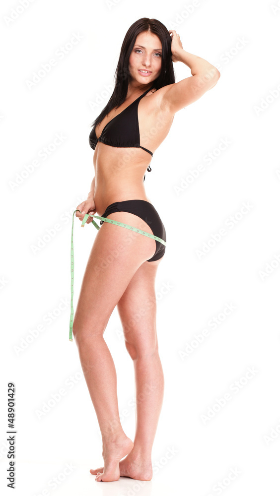 brunette girl bikini measuring waistline tape brunette girl bikini measuring waistline tape