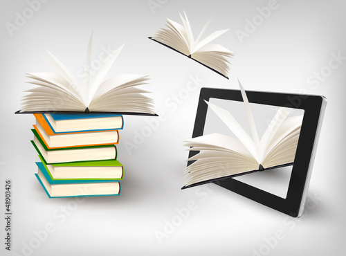 Books flying in a tablet. Vector illustration.