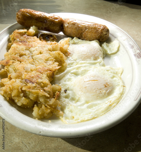 fried eggs over easy pork sausages home fried potatoes breakfast