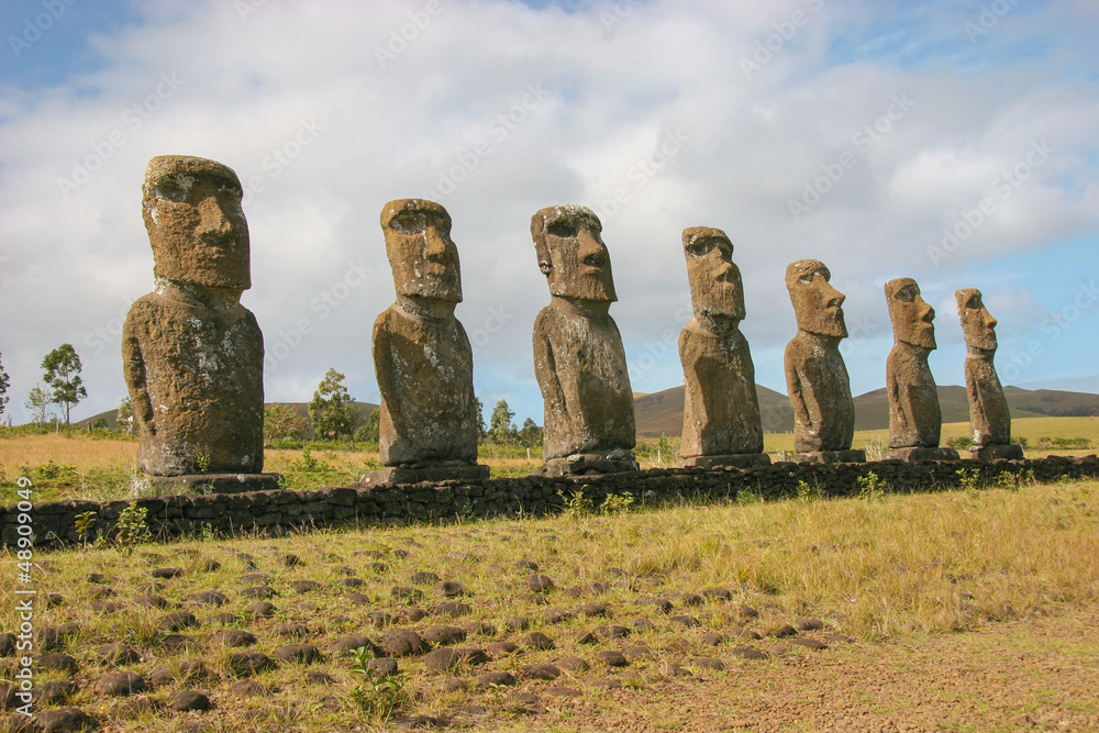Several moai taken at Ahu Akivi on Easter Island