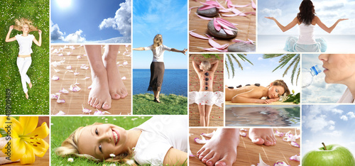 A collage of health and spa images with women and flowers photo