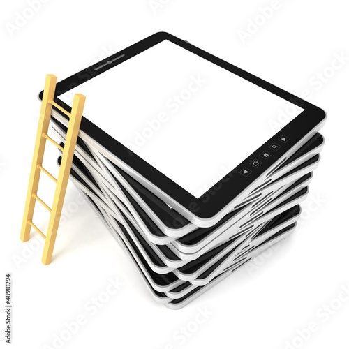 black tablet PC stack with wooden ladder photo