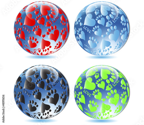 Glass balls Love paw print.Vector