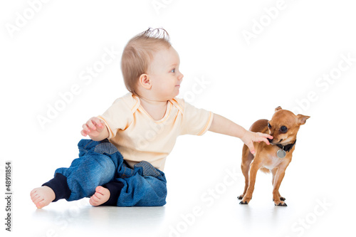 funny baby boy and dog isol...
