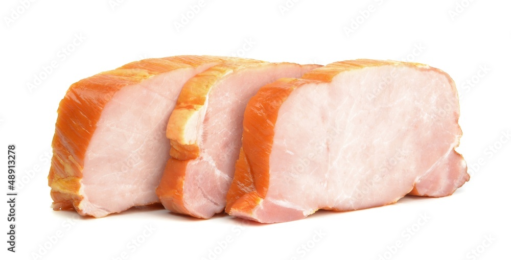 Sliced gammon steaks in a row on a white background