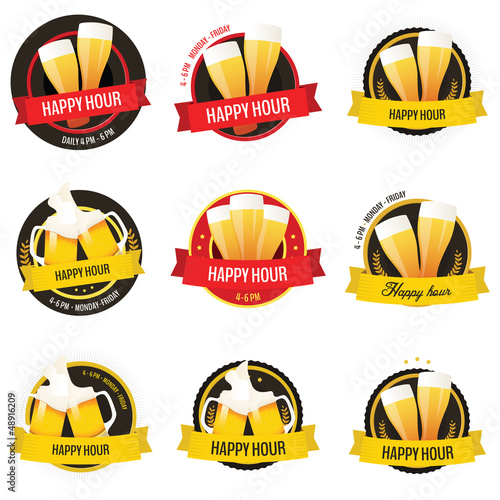Set of happy hour restaurant, bar labels and badges