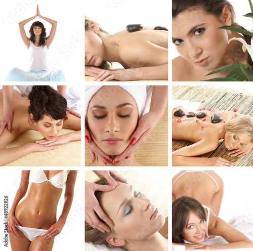A collage of spa images with young women relaxing