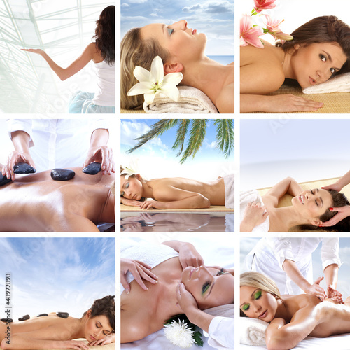 A collage of spa treatment images with young women