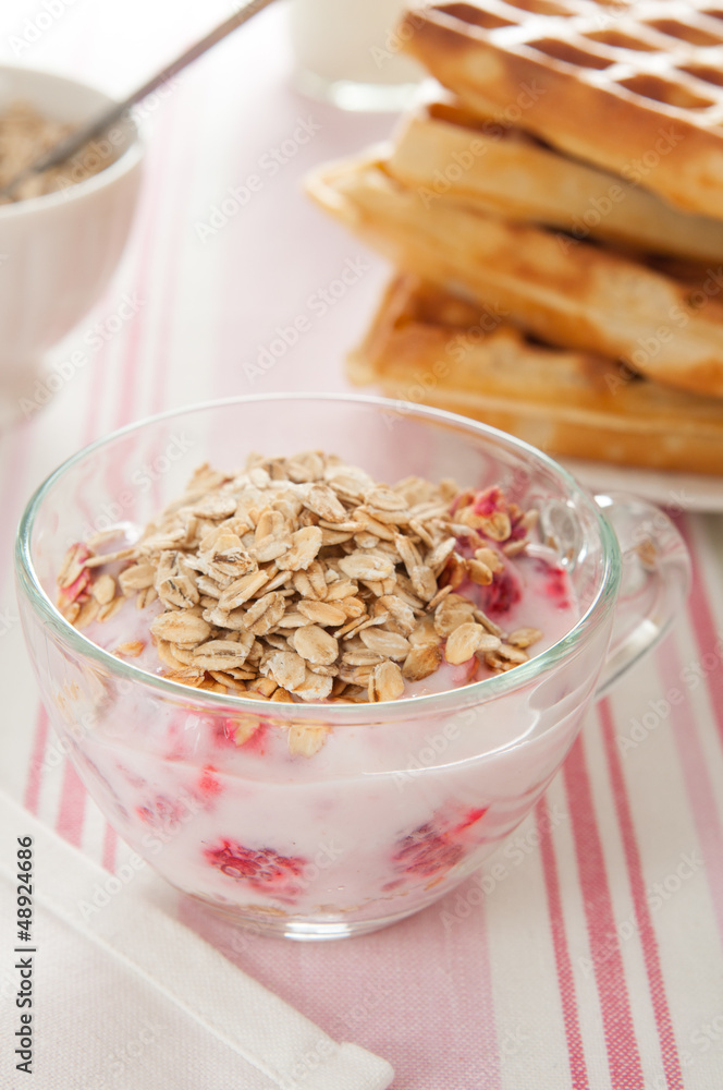 waffles, yogurt with muesli and fruits for breakfast waffles, yogurt with muesli and fruits for breakfast