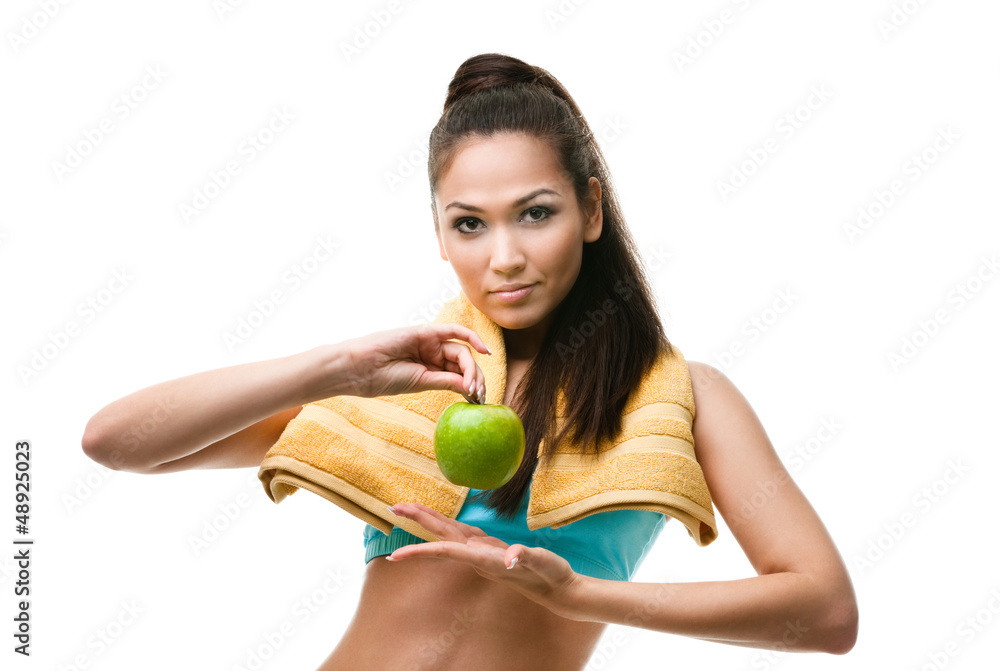 Sporty woman hands ripe green apple, isolated on white Sporty woman hands ripe green apple, isolated on white