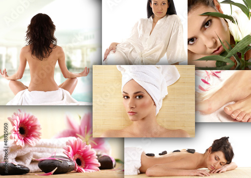 A collage of spa images with young women, flowers and stones