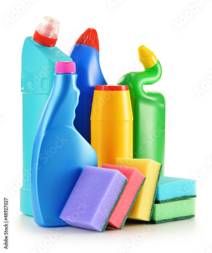 Detergent bottles isolated on white. Chemical cleaning supplies