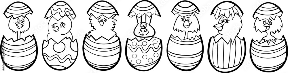 Naklejka premium chickens in easter eggs cartoon for coloring