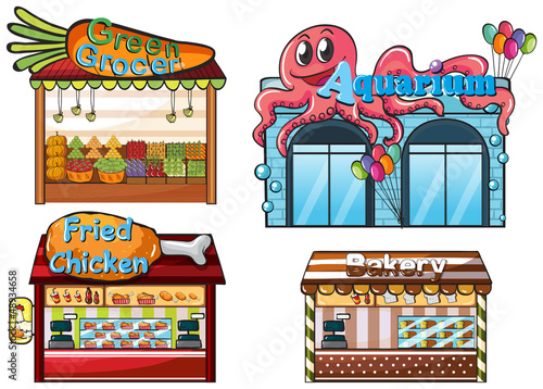 A fruitstand, an aquarium, a food stall and a bakery