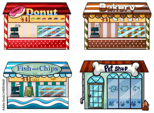 A donut store, bakery, fish and chips store and a pet shop