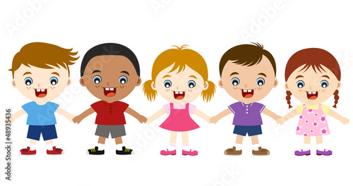 cute multicultural children hand in hand