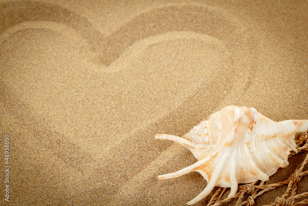 handwritten heart on sand with seashell and shallow focus handwritten heart on sand with seashell and shallow focus
