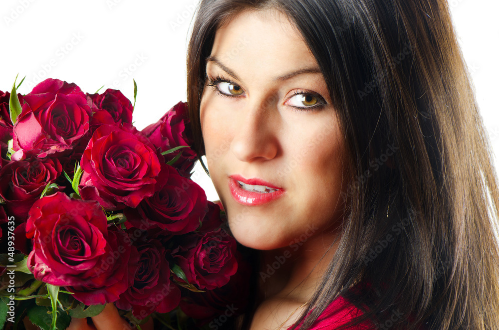 Beautiful happy woman with red roses Beautiful happy woman with red roses