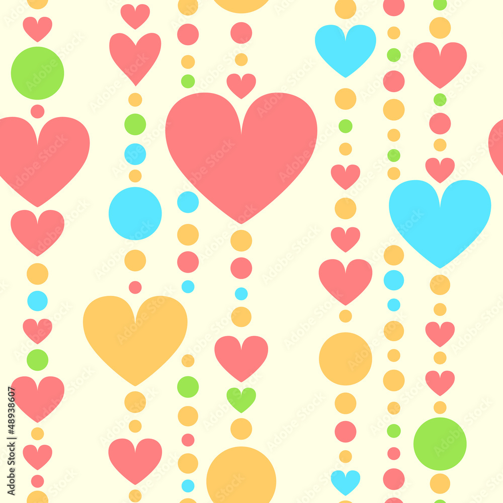 Colorful hearts and beads threads seamless pattern, vector