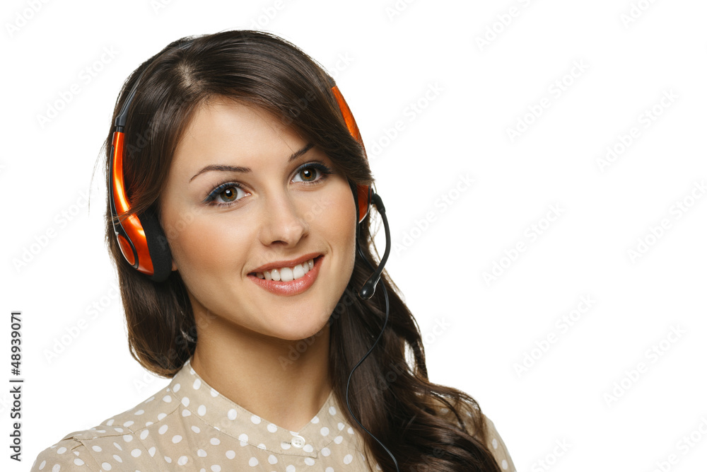 Smiling woman in headset looking out of frame Smiling woman in headset looking out of frame