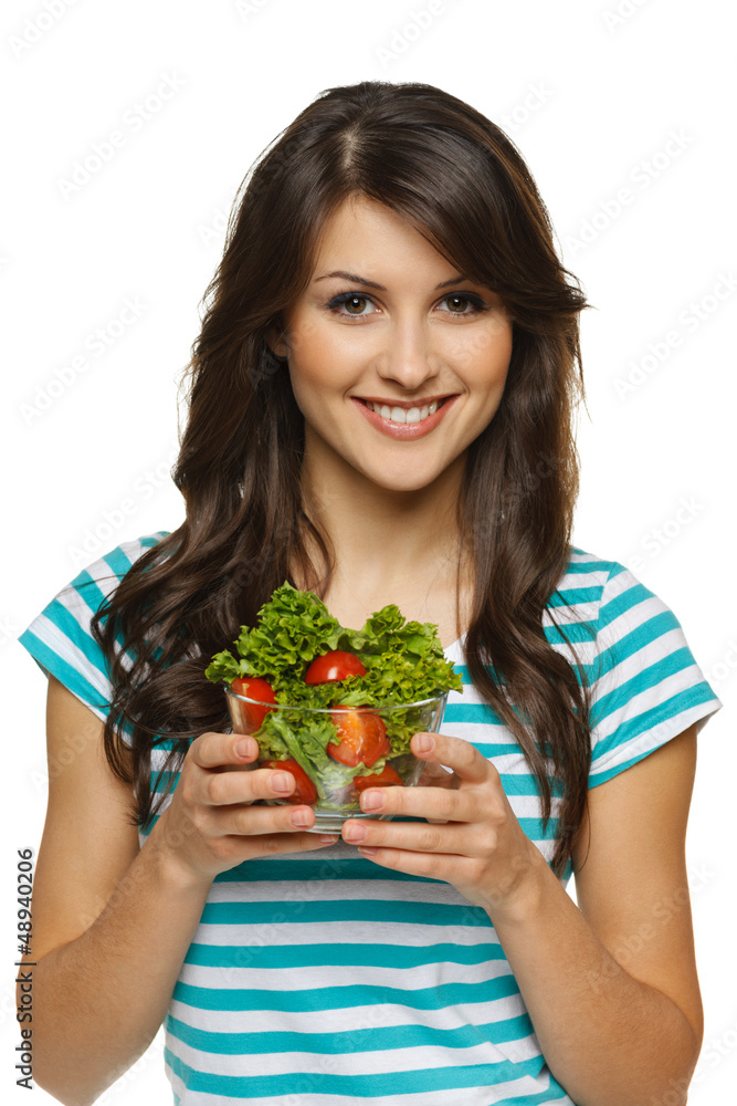 Smiling woman holding healthy salad meal, over white Smiling woman holding healthy salad meal, over white