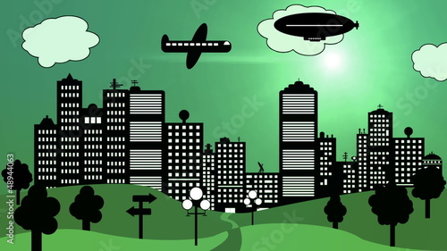 Stadt Skyline mit Wolkenkratzer und Flugzeug