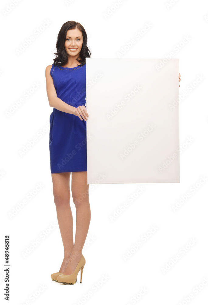 lovely woman in blue dress with blank board lovely woman in blue dress with blank board