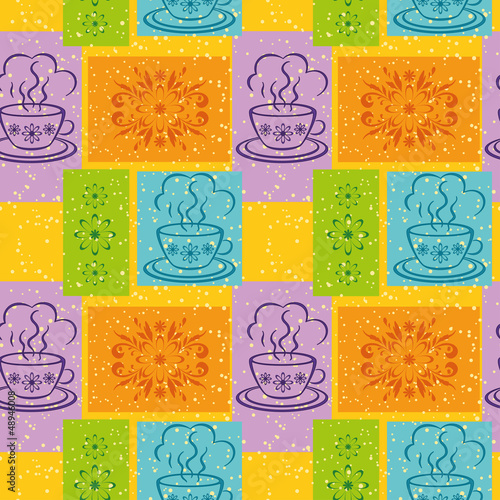 Seamless background, cups and floral pattern