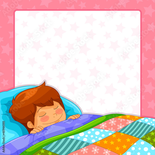 boy sleeping over starry background with copy space