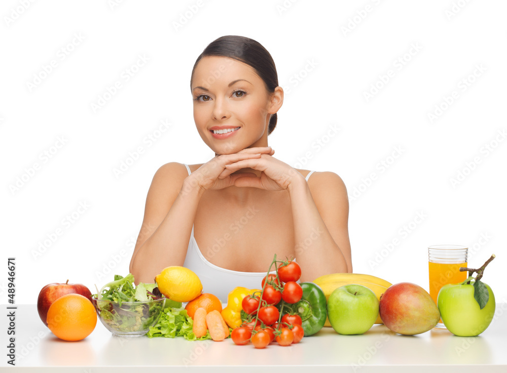 woman with fruits and vegetables woman with fruits and vegetables