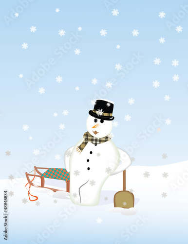 Snowman leaning against the snow shovel
