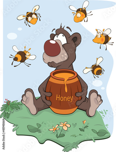 Bear and a wooden keg with honey