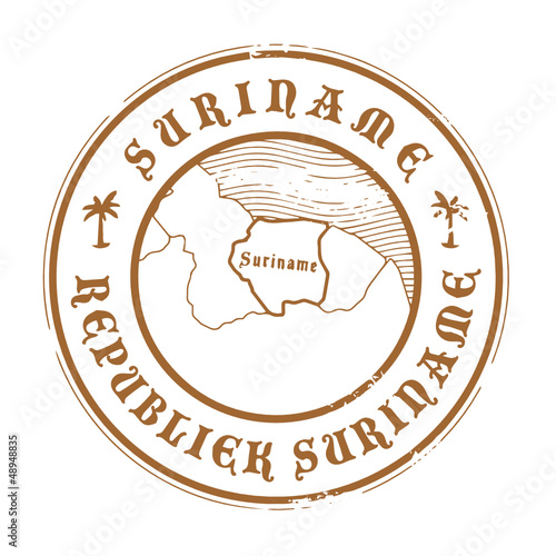 Grunge rubber stamp with the name and map of Suriname, vector