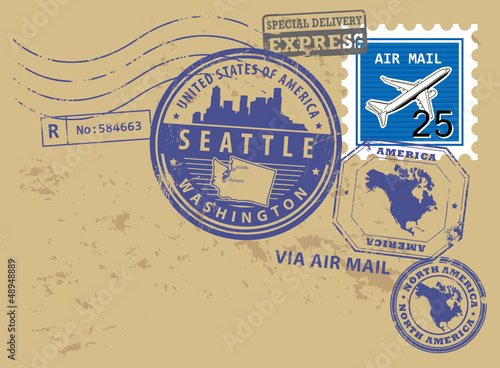 Post stamps set with name of Washington, Seattle, vector