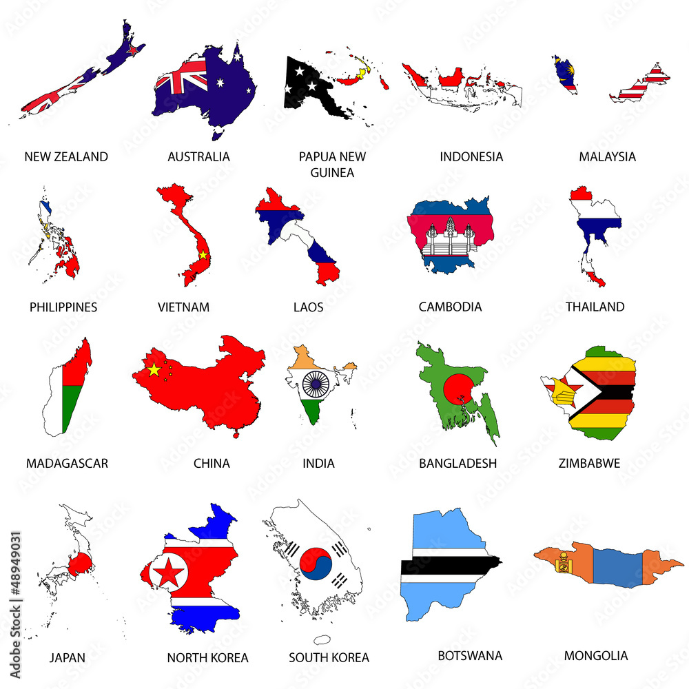 Fototapeta premium Illustrated Outlines of Countries with Flag inside