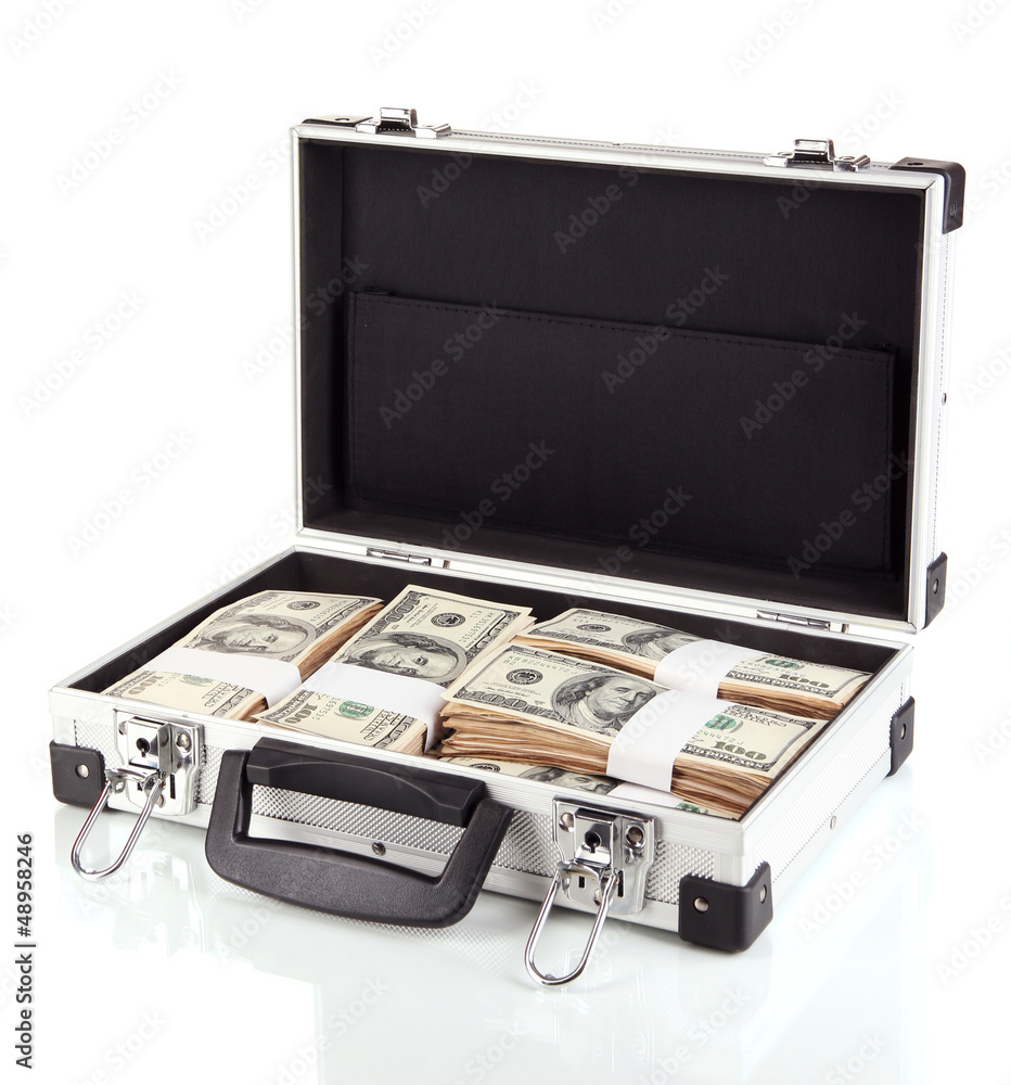 Suitcase with 100 dollar bills isolated on white Suitcase with 100 dollar bills isolated on white