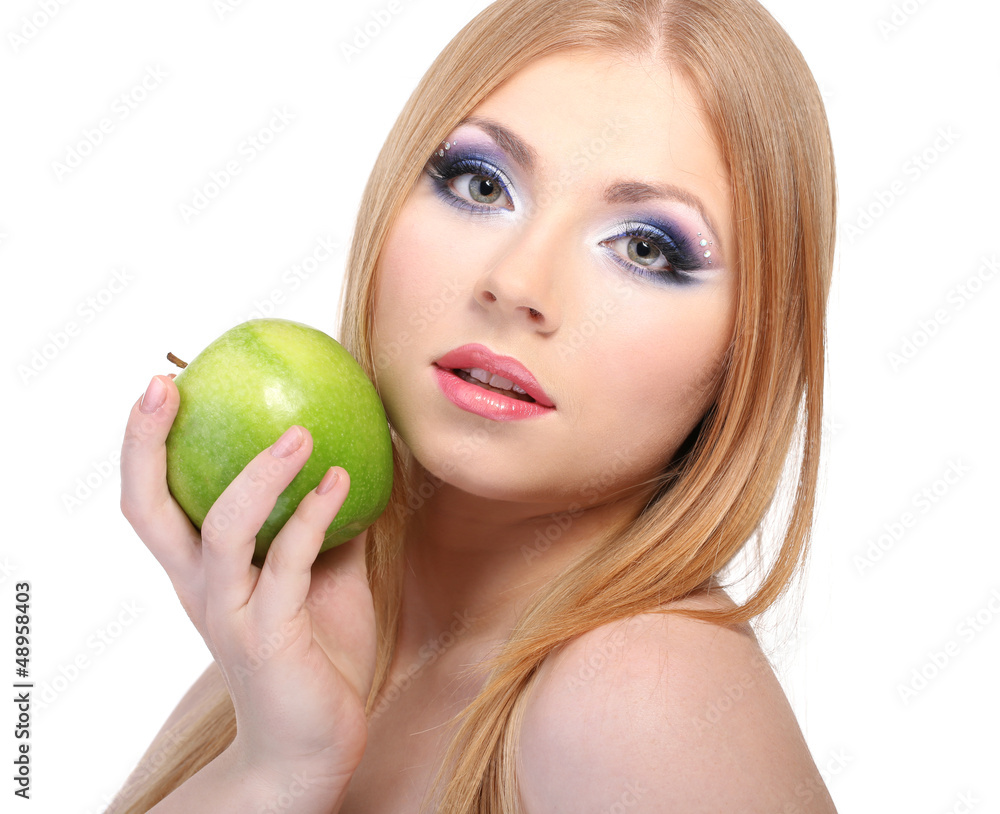 Beautiful young woman with glamour make up and apple, isolated Beautiful young woman with glamour make up and apple, isolated