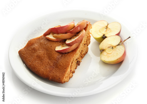 slice of tasty homemade pie with apples, isplated on white
