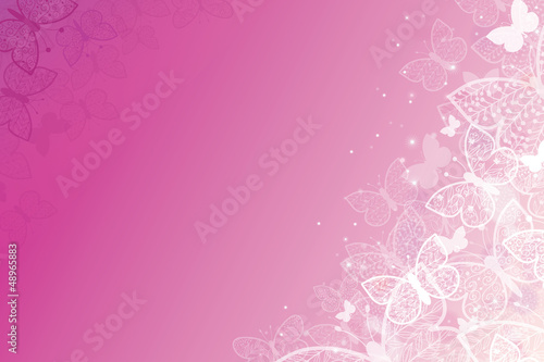 Vector magical pink butterflies horizontal background with hand