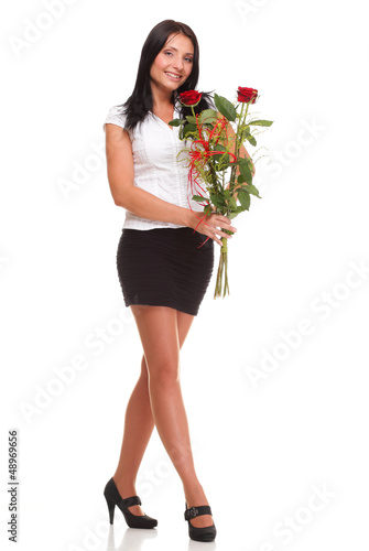 Beautiful young girl posing with a red rose woman isolated