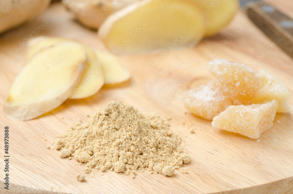 three kinds of ginger - dried, fresh and candied