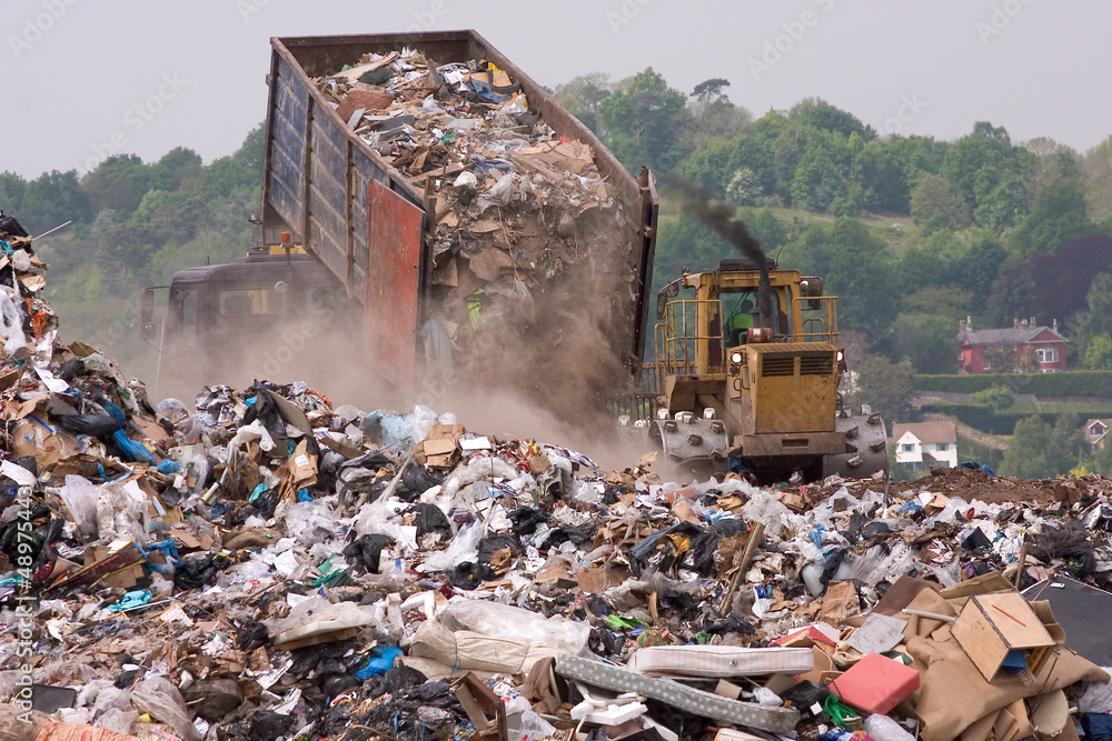 A bulldozer and garbage truck on a landfill waste site - obrazy, fototapety, plakaty 
