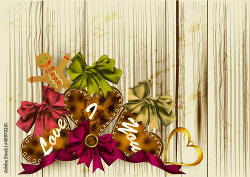 Background with bakery in heart shape on wooden texture