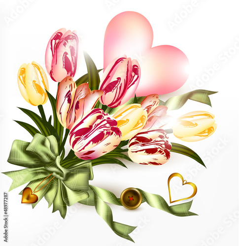 Cute valentine background with  pink heart and realistic tulip f
