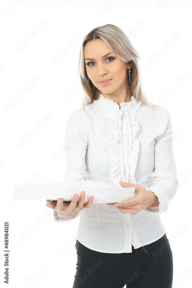 Blonde girl with a stack of paper Blonde girl with a stack of paper
