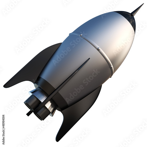 3D illustration of cartoon rocket over white background