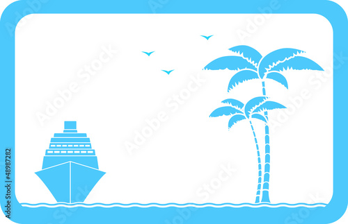 blue background with ship, palm and seagull and sample text
